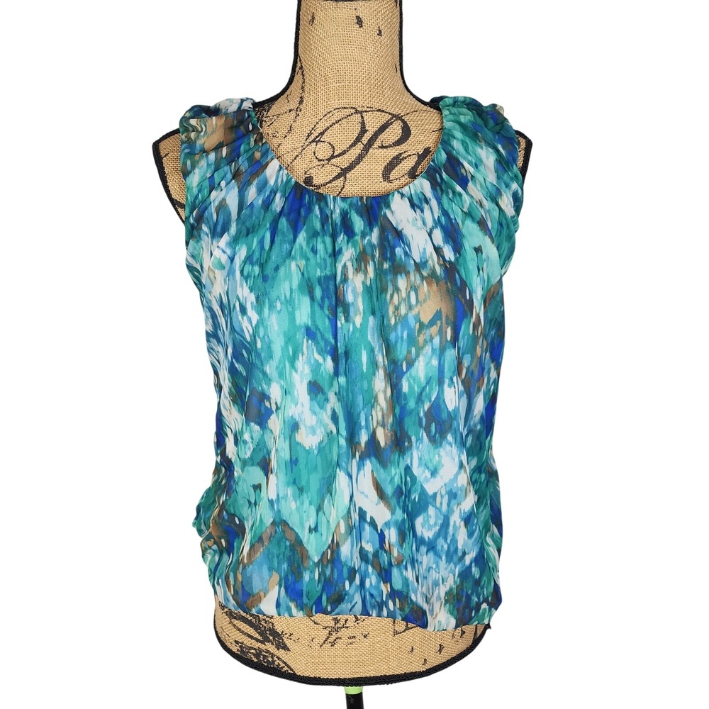 CHA CHA VENTE Size Small Blue Watercolor Sleeveless Pleated Career Casual Blouse